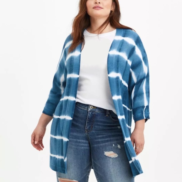 torrid Sweaters - Torrid - Super Soft Dolman Sleeve Blue Tie Dye Open Front Cardigan - 3X